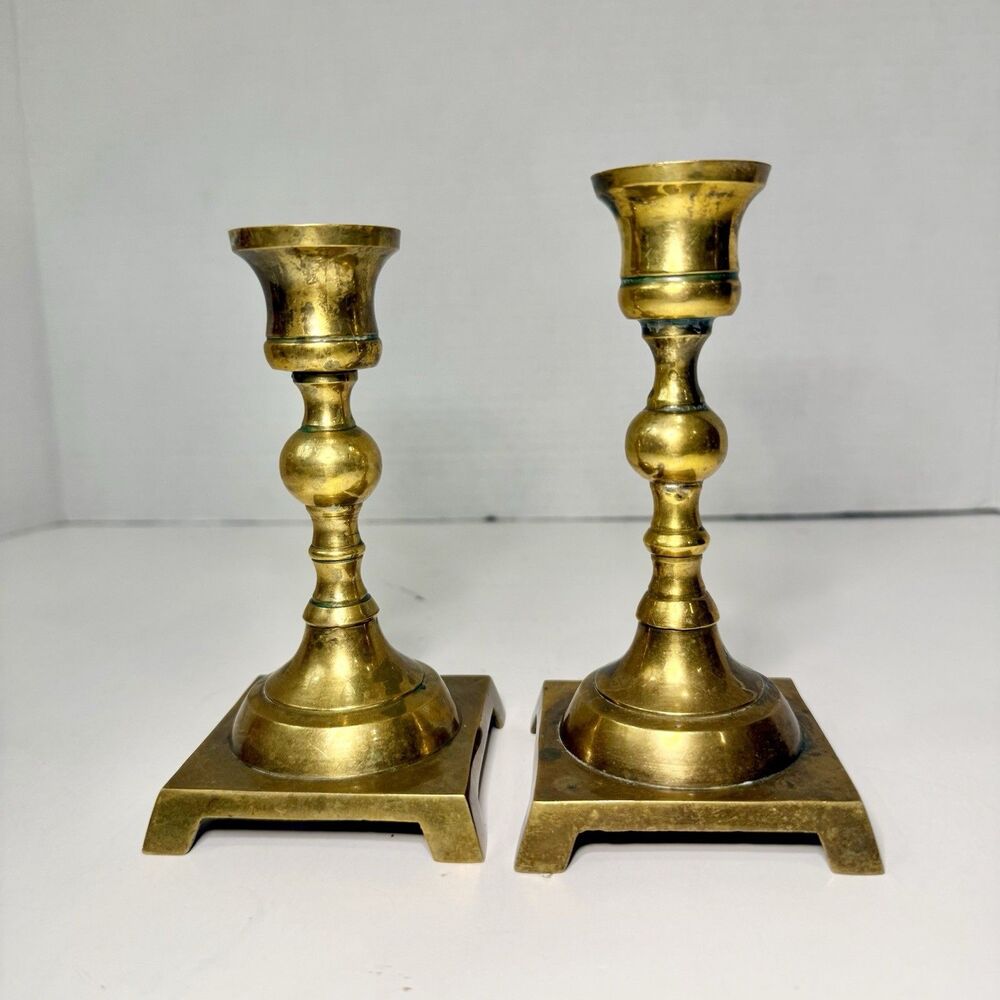 Vintage Pair Solid Brass Candlestick Holders Square Footed Base Made In India